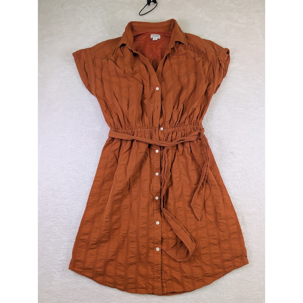 J.Crew Womens XS Burnt Orange Seersucker Button Down Belted Shirt Dress